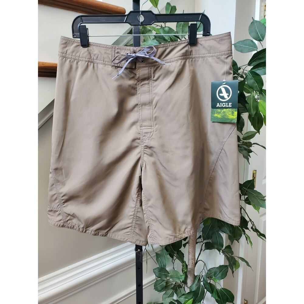 Aigle Men's Beige 100% Polyester Logo Print Pull On Swimwear Shorts Size XL